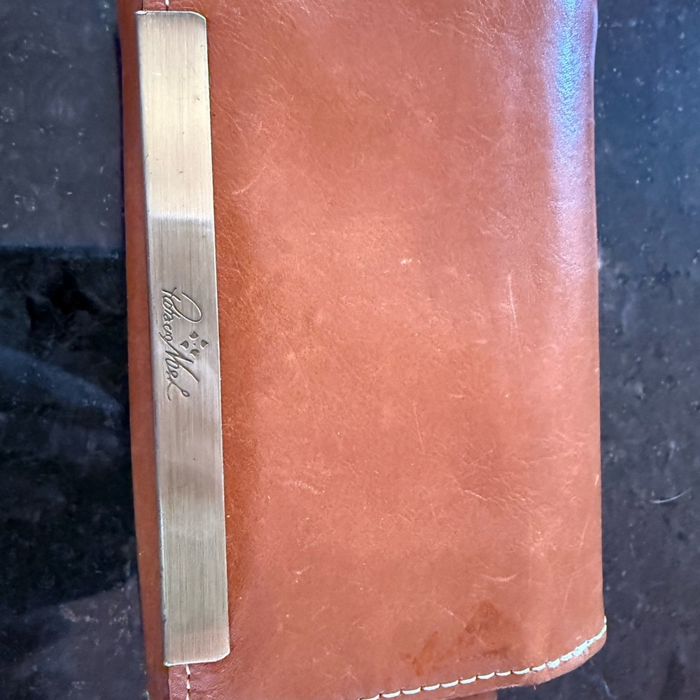 Leather Wallet Clutch with Brushed Metal Accent - Brown